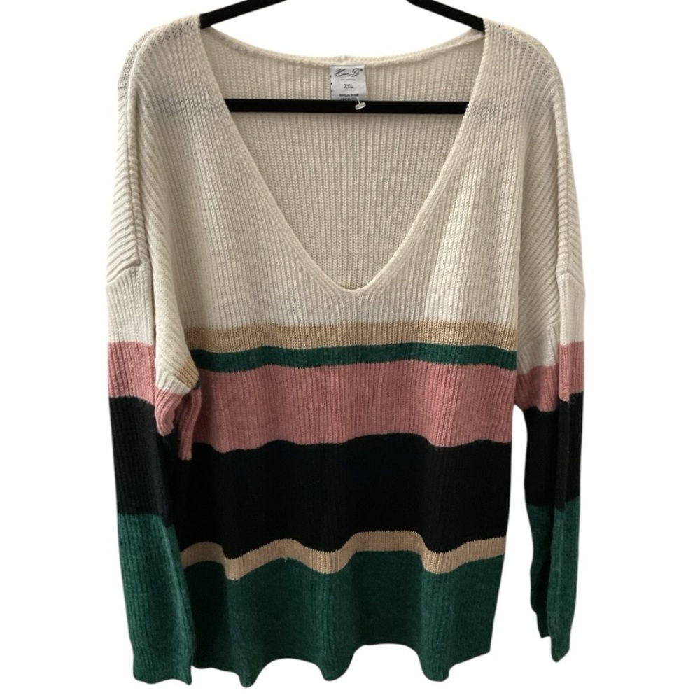 Cream and Pink V-Neck Sweater with Color Blocking P:27 L:30